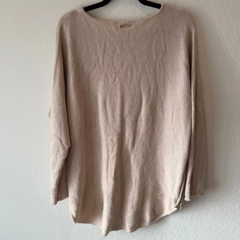Michael Kors Womens XL Beige Knit Sweater Gold Side Zip Long Sleeve Pullover